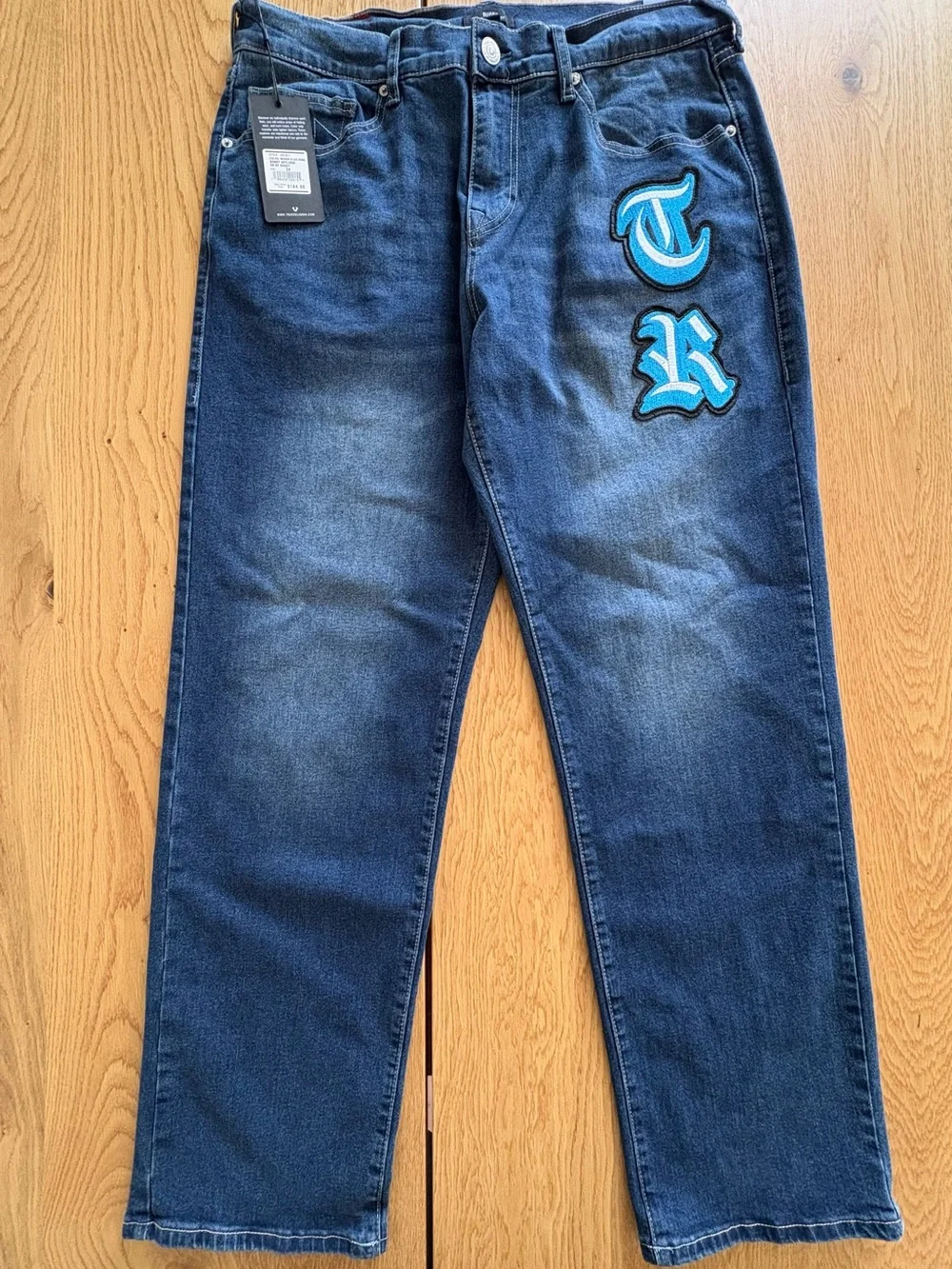 True Religion Bobby Baggy Mens Jeans W34 L32 Applique Blue Distressed Denim